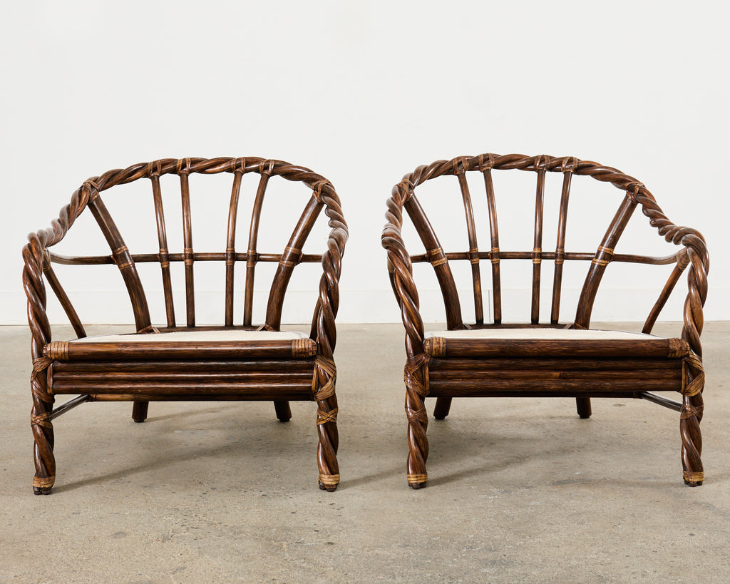 Pair of McGuire Organic Modern Twisted Rattan Lounge Chairs