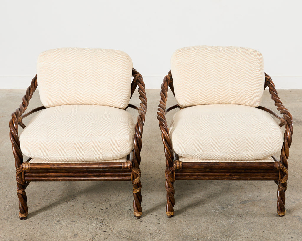 Pair of McGuire Organic Modern Twisted Rattan Lounge Chairs