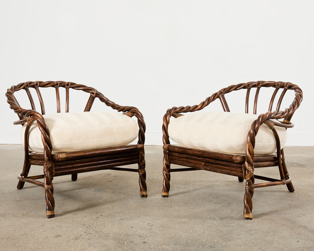 Pair of McGuire Organic Modern Twisted Rattan Lounge Chairs
