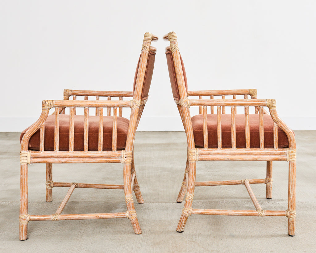 Pair of McGuire Cerused Rattan Mohair Library Armchairs