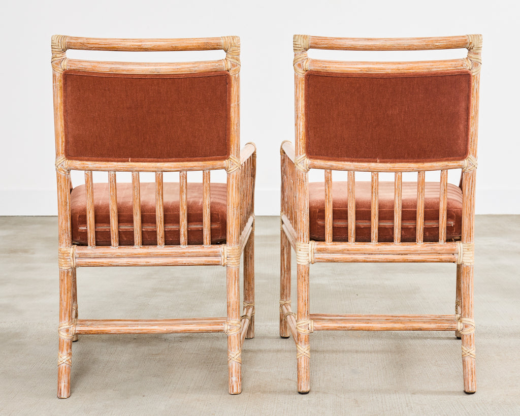 Pair of McGuire Cerused Rattan Mohair Library Armchairs