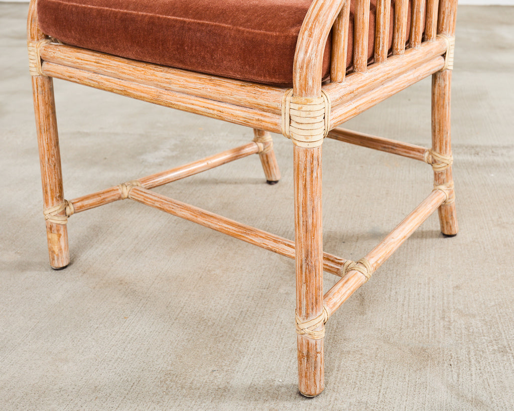 Pair of McGuire Cerused Rattan Mohair Library Armchairs