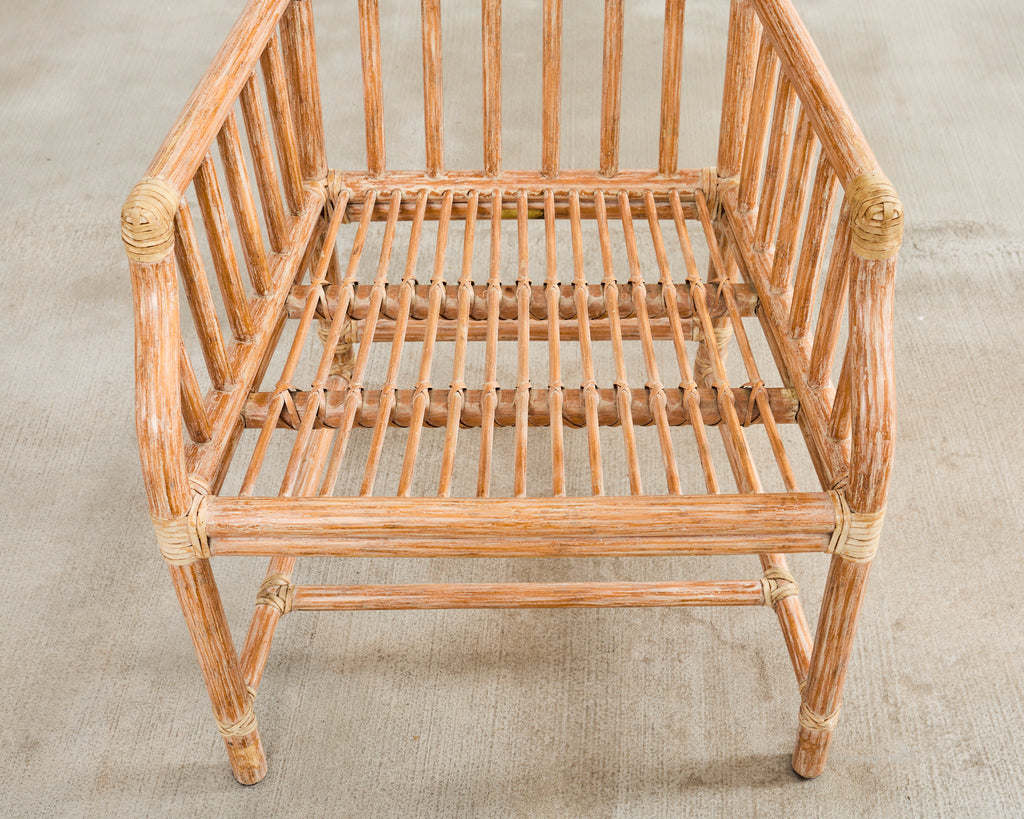 Pair of McGuire Cerused Rattan Mohair Library Armchairs