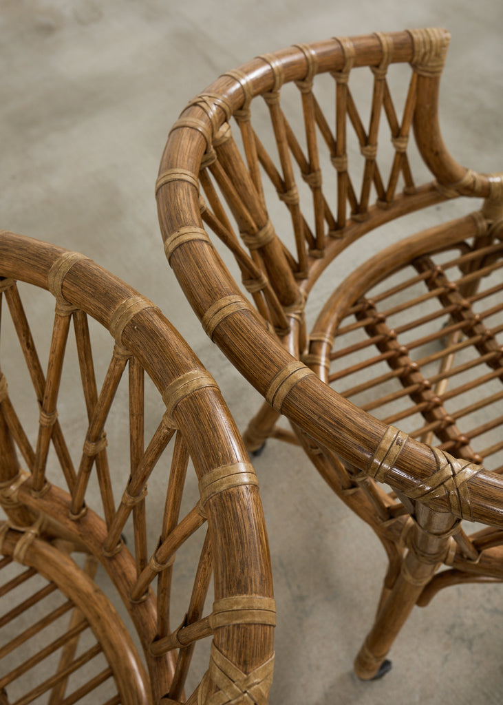 Set of Four McGuire Rattan Barrel Back Dining Chairs