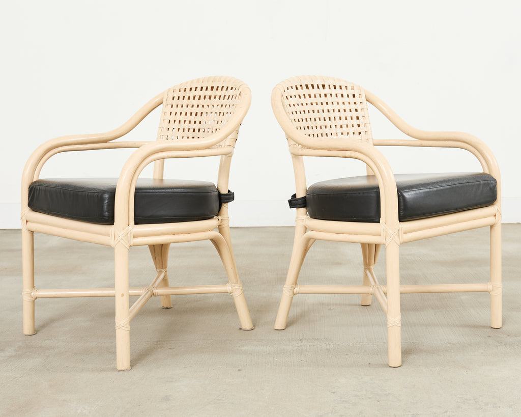 Set of Four McGuire Rattan Laced Rawhide Barrel Armchairs