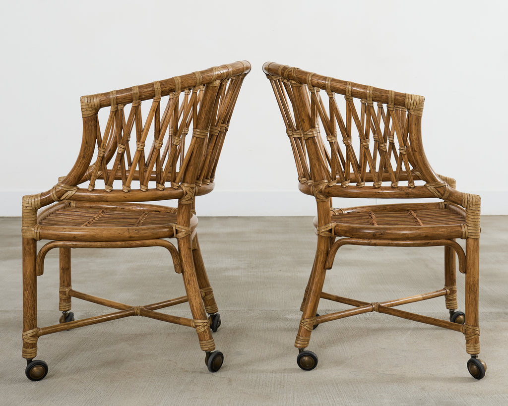 Set of Four McGuire Rattan Barrel Back Dining Chairs