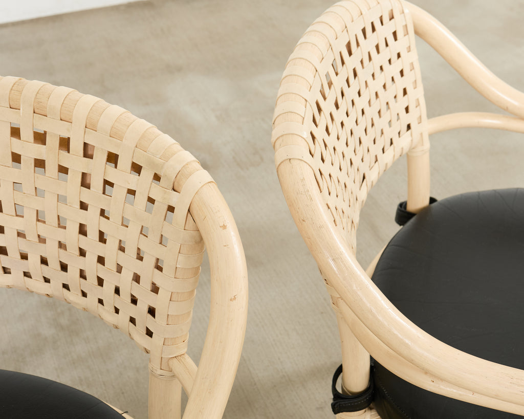 Set of Four McGuire Rattan Laced Rawhide Barrel Armchairs