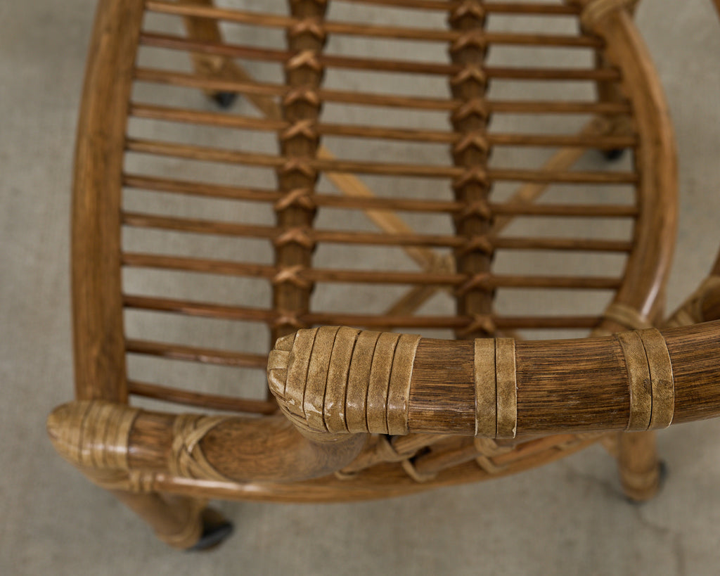 Set of Four McGuire Rattan Barrel Back Dining Chairs