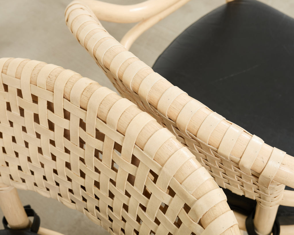 Set of Four McGuire Rattan Laced Rawhide Barrel Armchairs