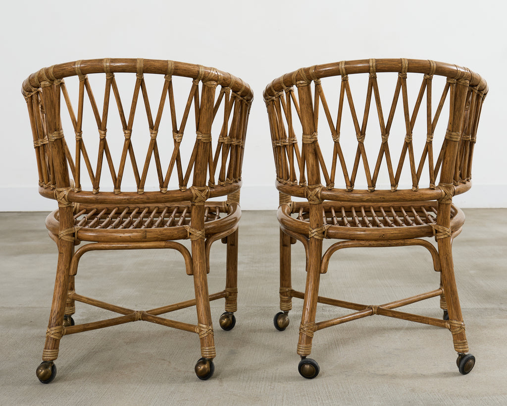 Set of Four McGuire Rattan Barrel Back Dining Chairs