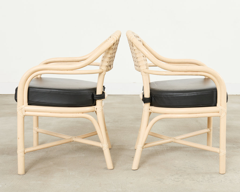 Set of Four McGuire Rattan Laced Rawhide Barrel Armchairs