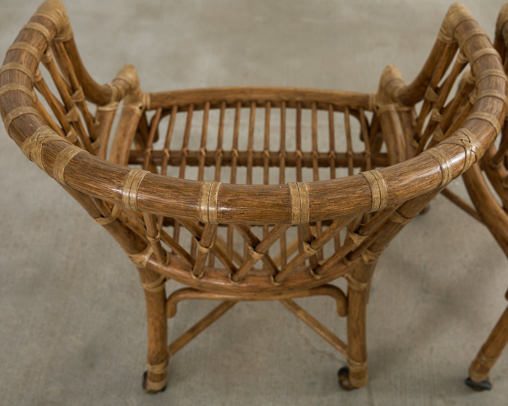 Set of Four McGuire Rattan Barrel Back Dining Chairs