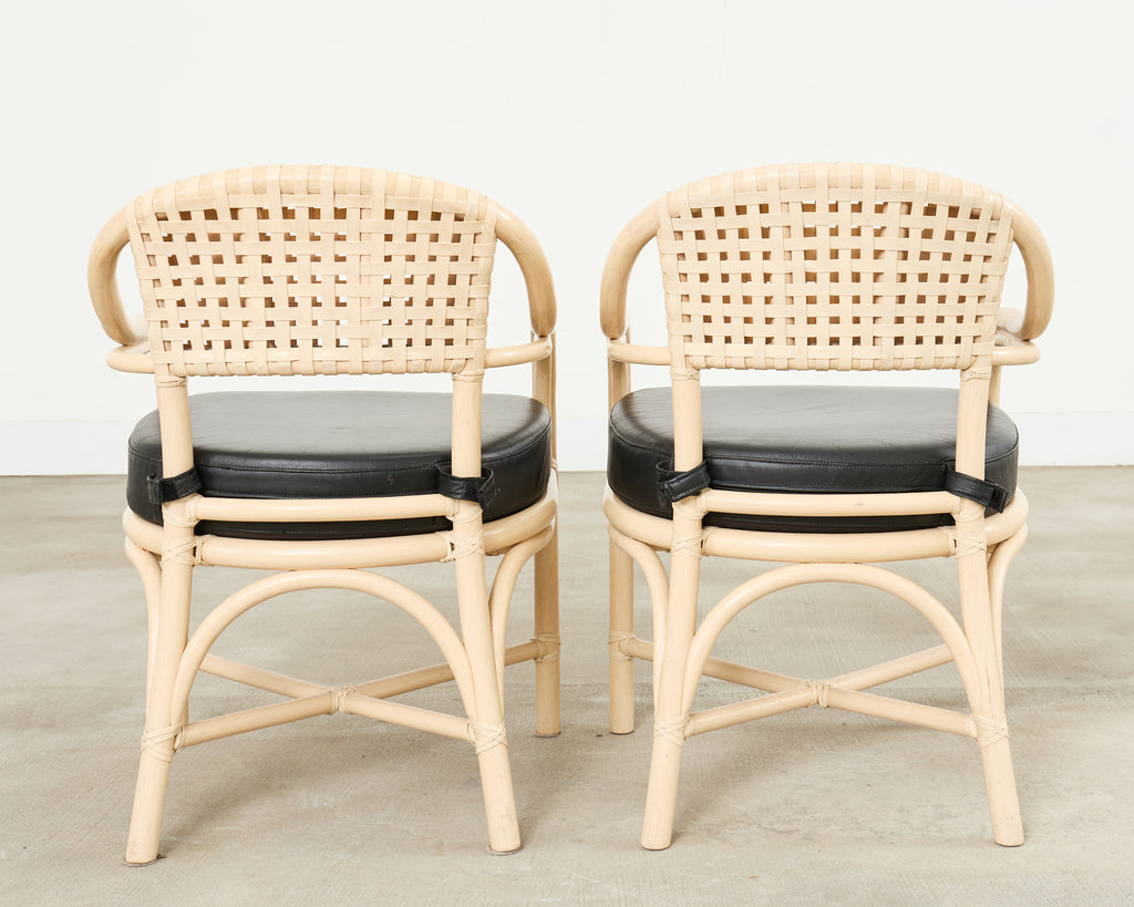 Set of Four McGuire Rattan Laced Rawhide Barrel Armchairs