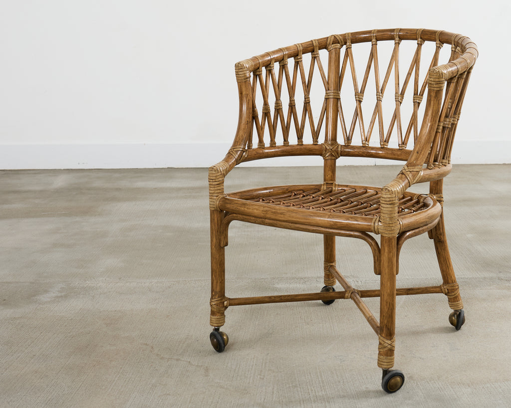 Set of Four McGuire Rattan Barrel Back Dining Chairs