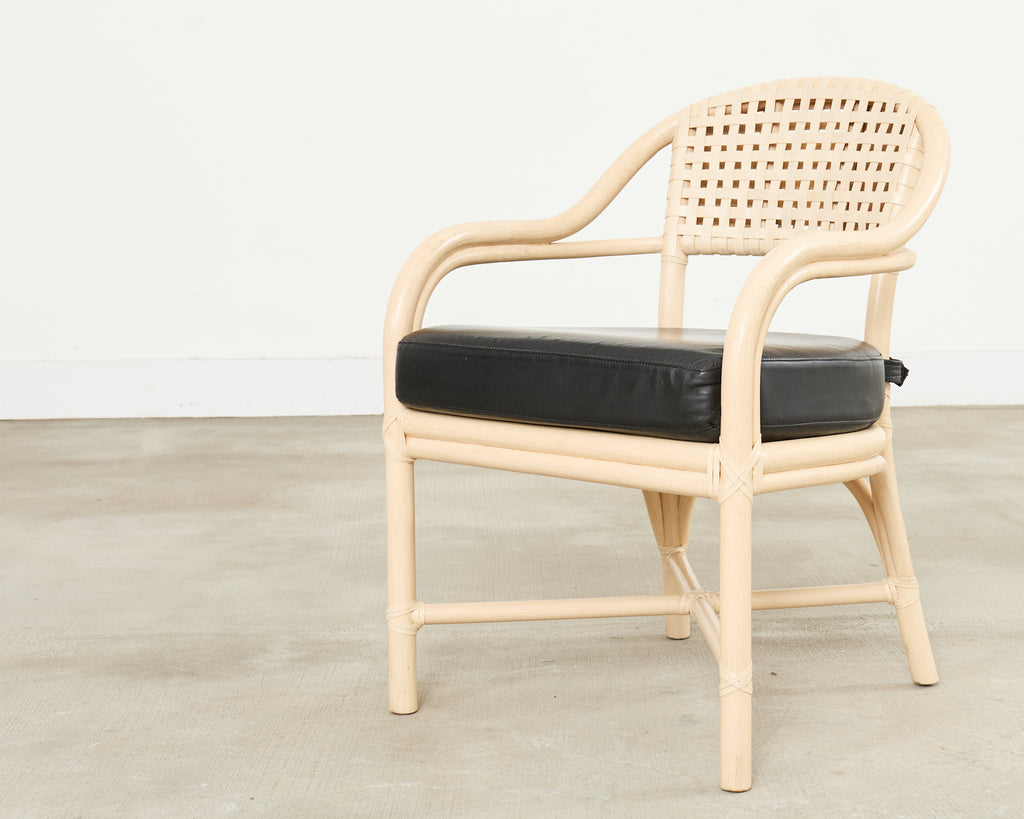 Set of Four McGuire Rattan Laced Rawhide Barrel Armchairs