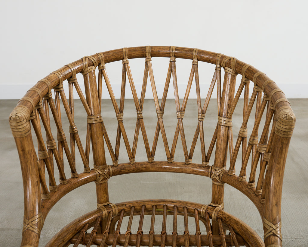 Set of Four McGuire Rattan Barrel Back Dining Chairs