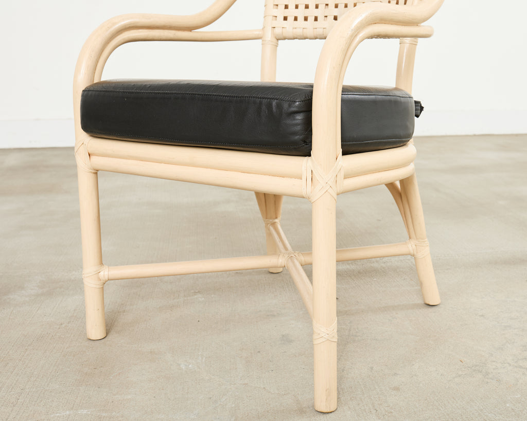 Set of Four McGuire Rattan Laced Rawhide Barrel Armchairs