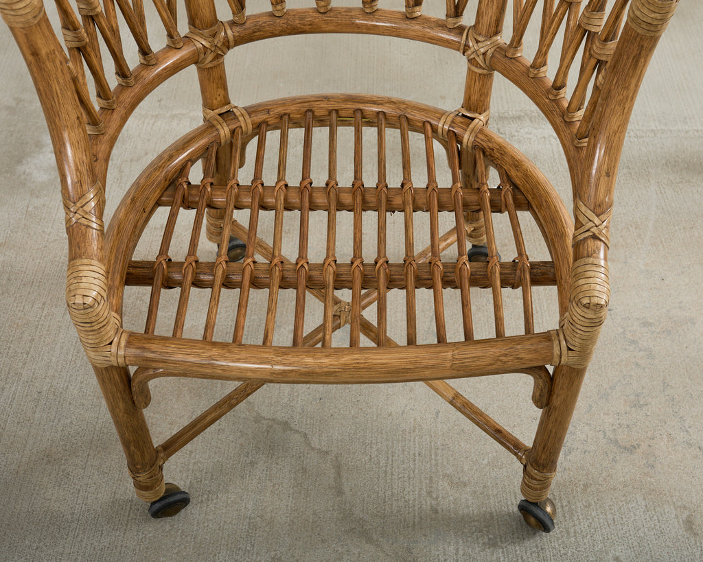 Set of Four McGuire Rattan Barrel Back Dining Chairs