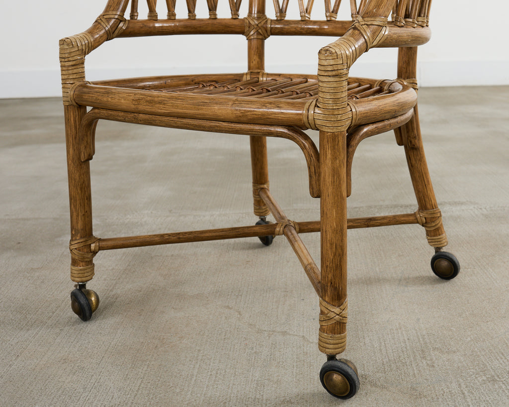 Set of Four McGuire Rattan Barrel Back Dining Chairs