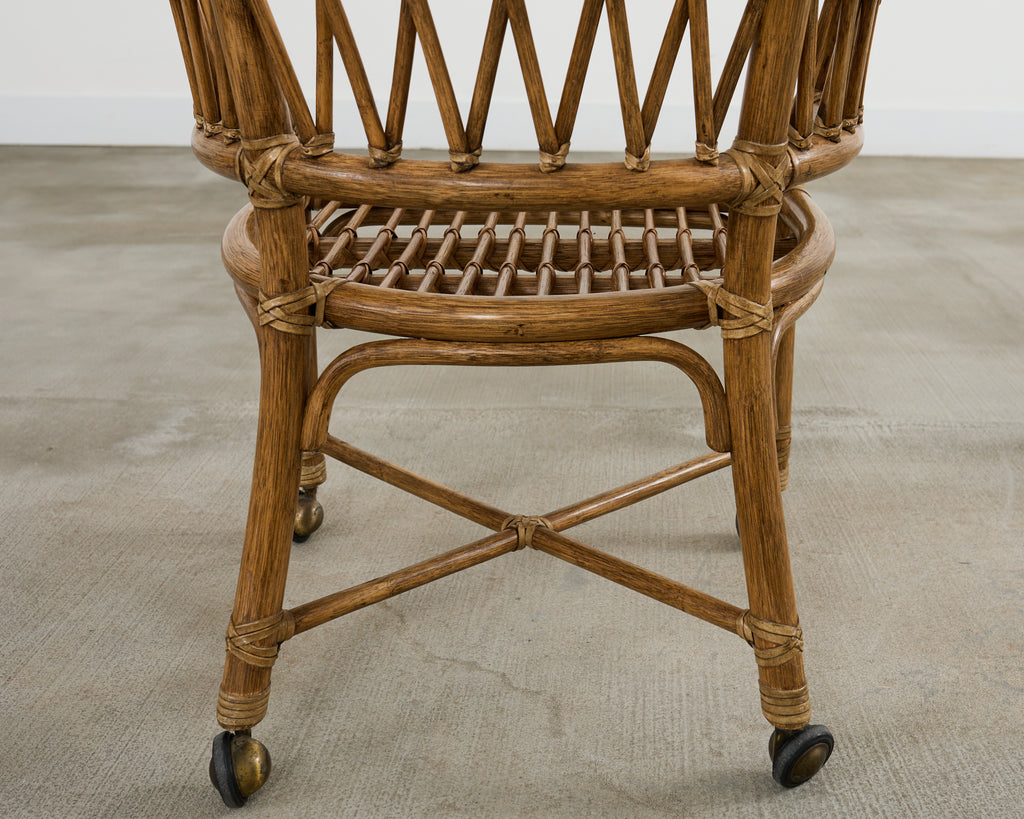 Set of Four McGuire Rattan Barrel Back Dining Chairs