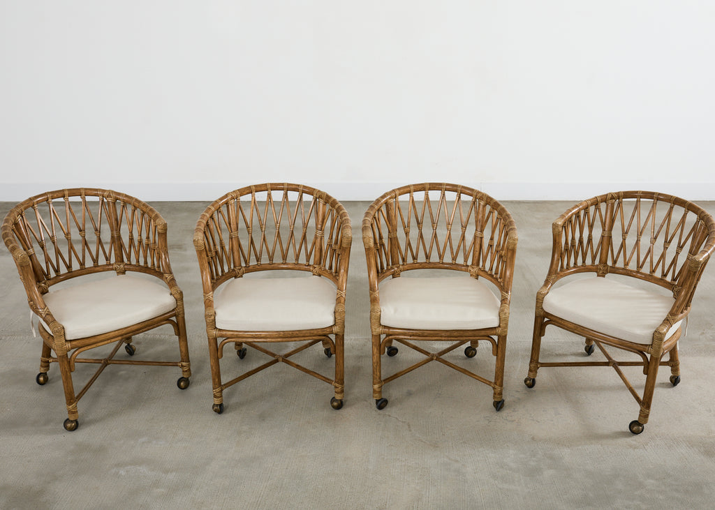 Set of Four McGuire Rattan Barrel Back Dining Chairs
