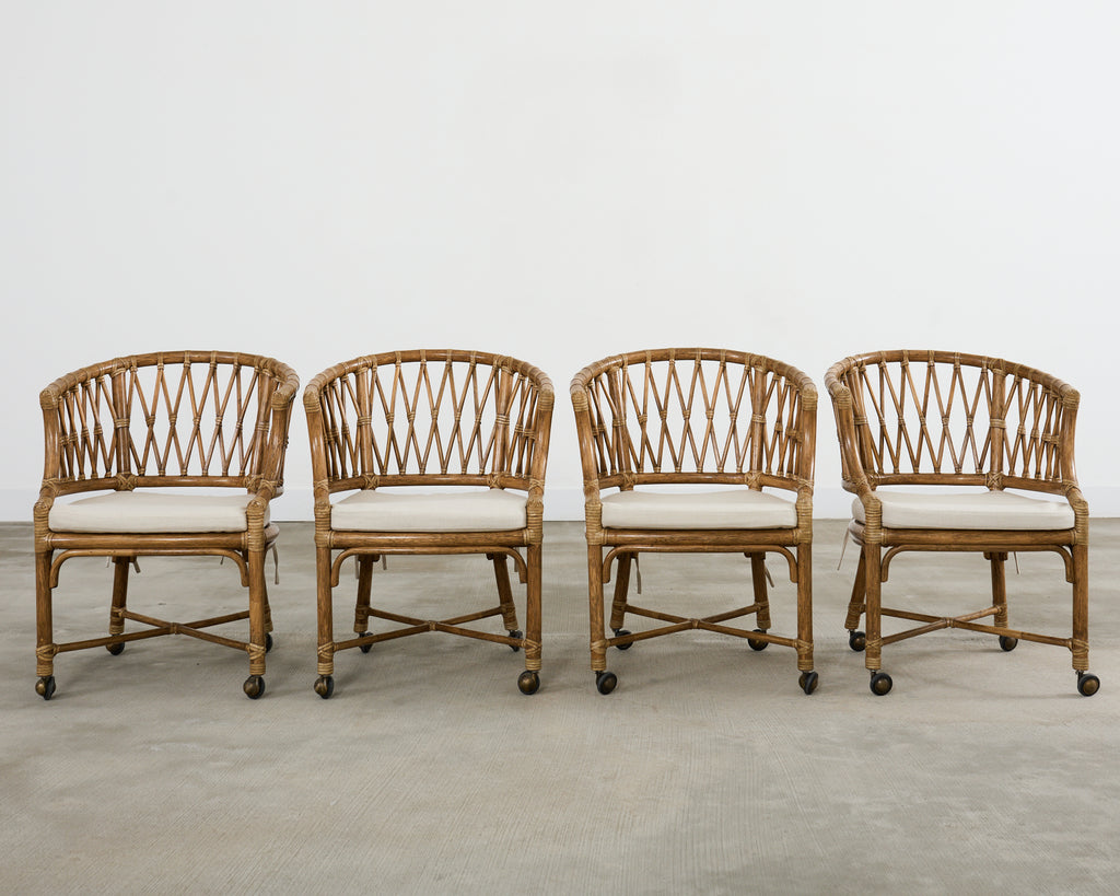 Set of Four McGuire Rattan Barrel Back Dining Chairs