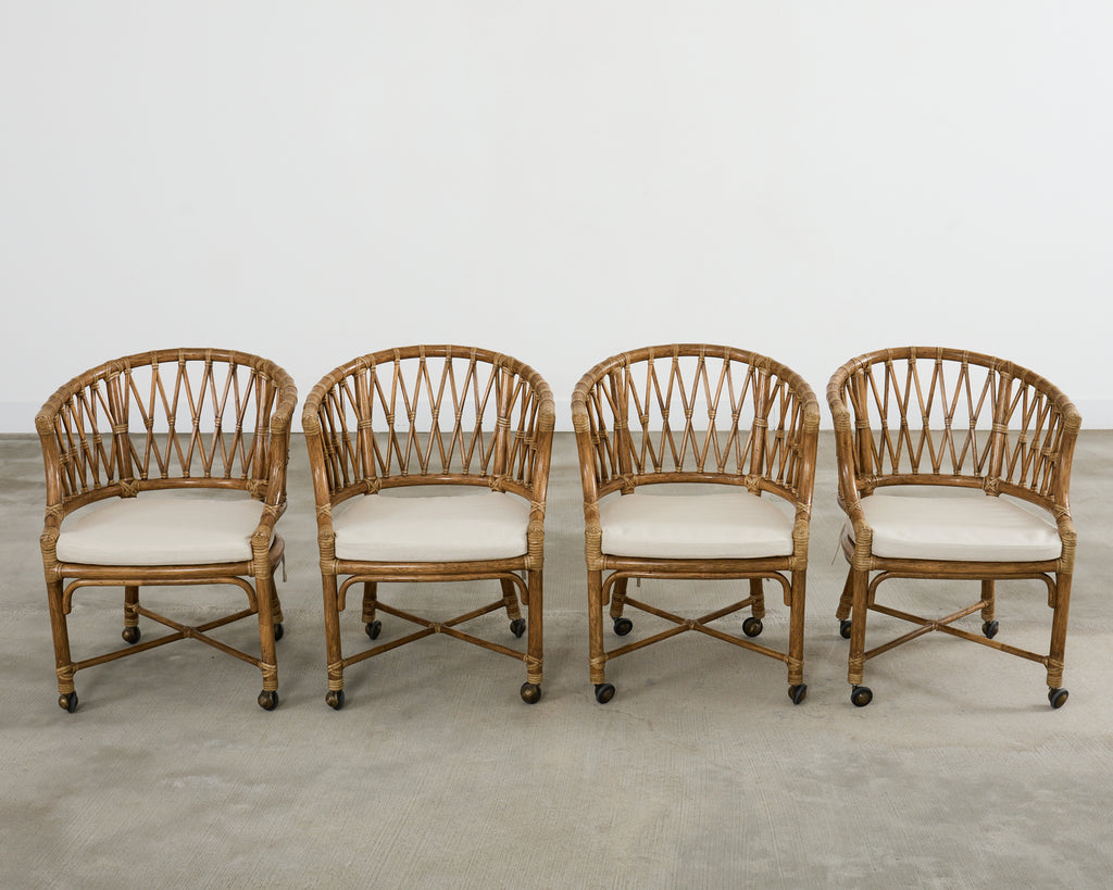 Set of Four McGuire Rattan Barrel Back Dining Chairs