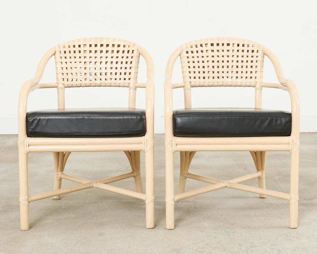 Set of Four McGuire Rattan Laced Rawhide Barrel Armchairs