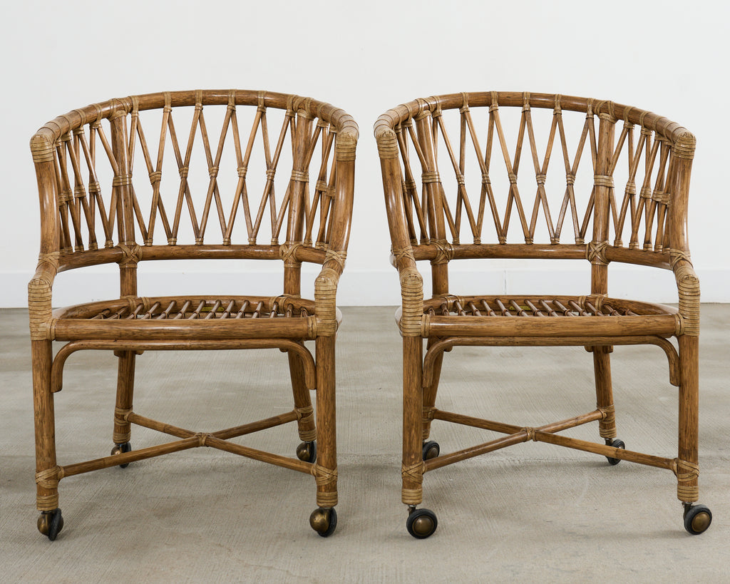 Set of Four McGuire Rattan Barrel Back Dining Chairs