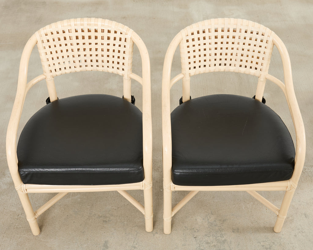 Set of Four McGuire Rattan Laced Rawhide Barrel Armchairs