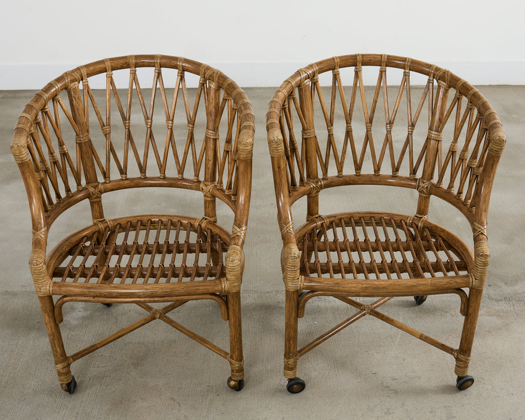 Set of Four McGuire Rattan Barrel Back Dining Chairs