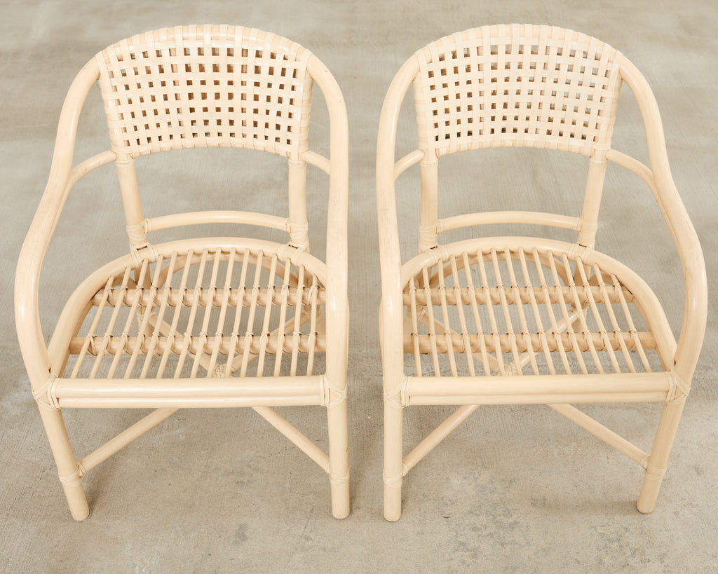 Set of Four McGuire Rattan Laced Rawhide Barrel Armchairs