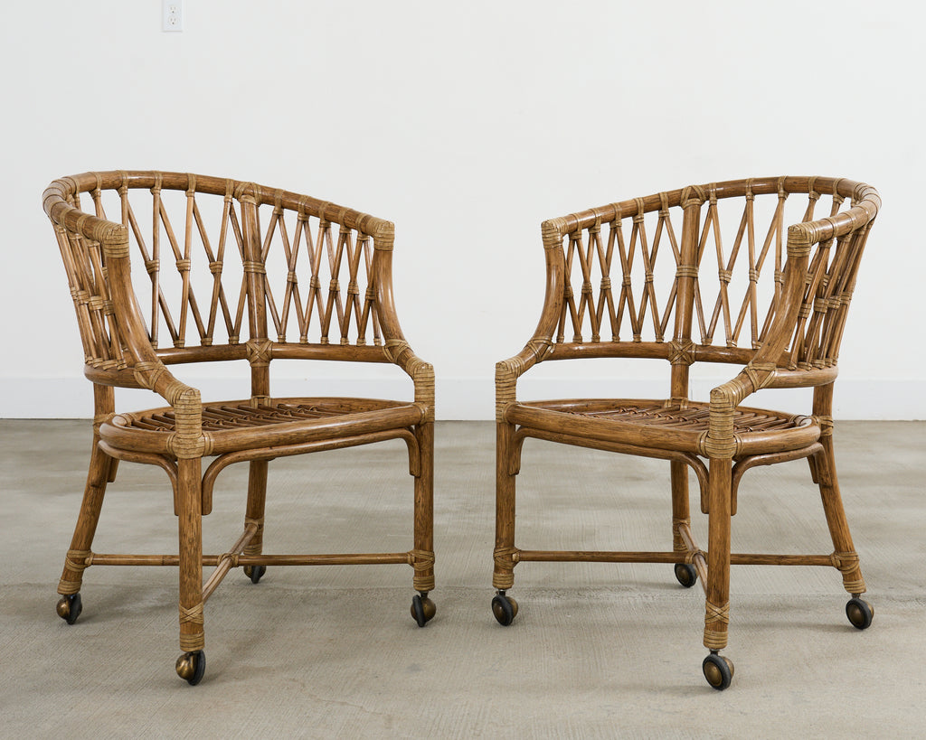 Set of Four McGuire Rattan Barrel Back Dining Chairs