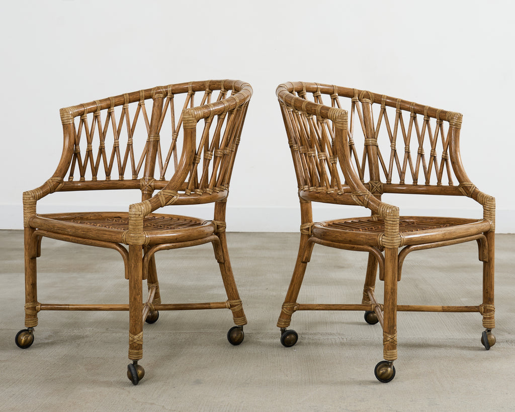 Set of Four McGuire Rattan Barrel Back Dining Chairs
