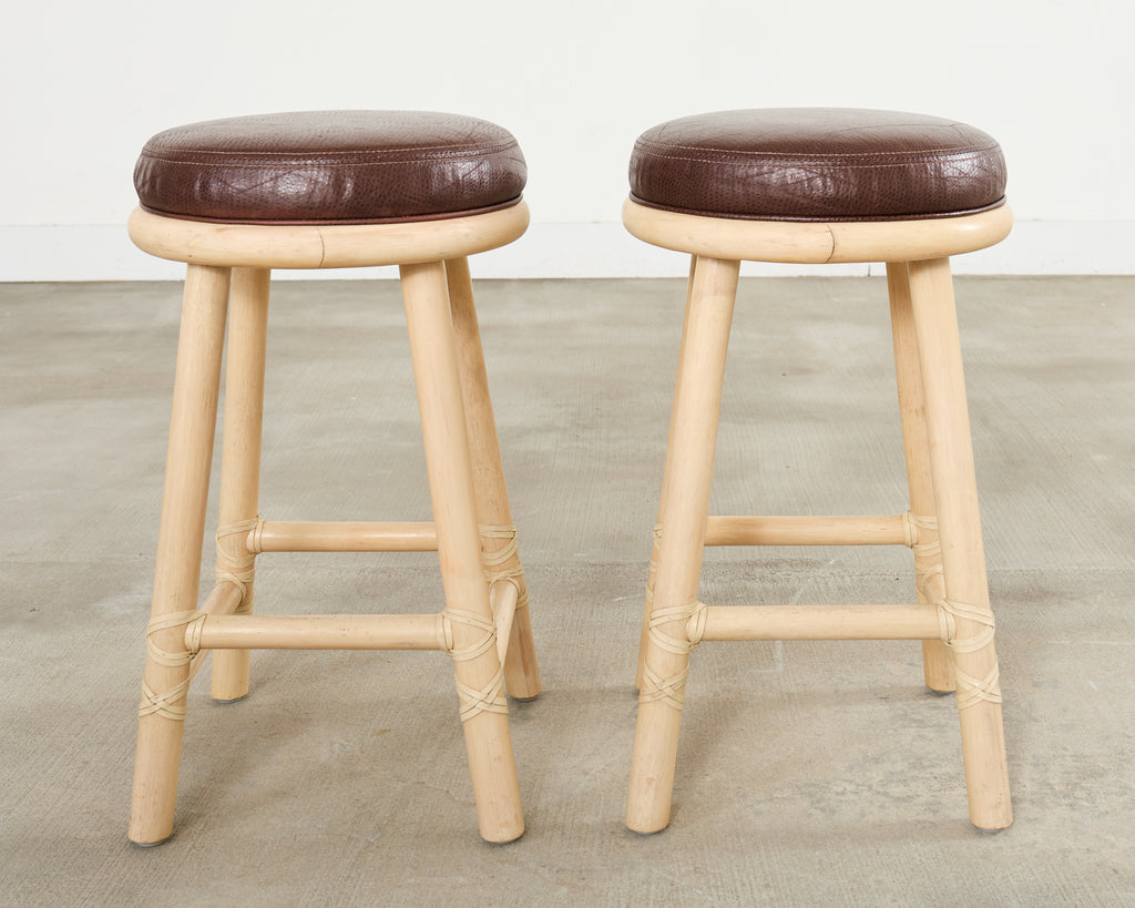 Set of Four McGuire Organic Modern Lacquered Rattan Bar Stools
