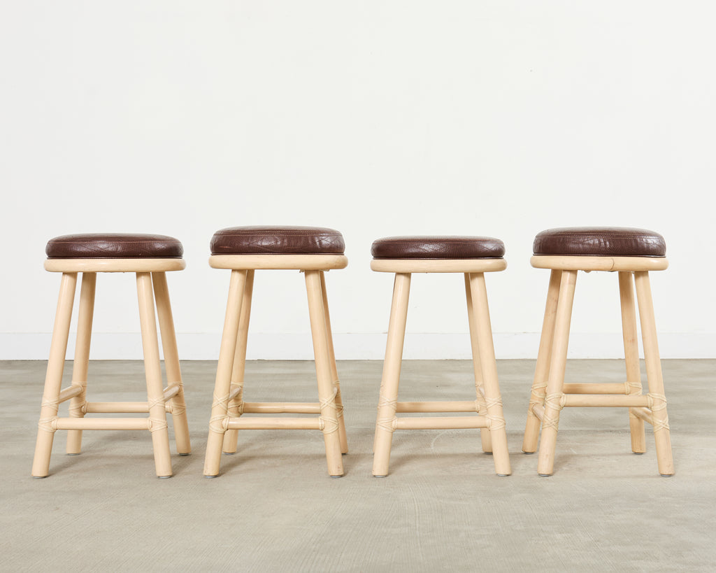 Set of Four McGuire Organic Modern Lacquered Rattan Bar Stools