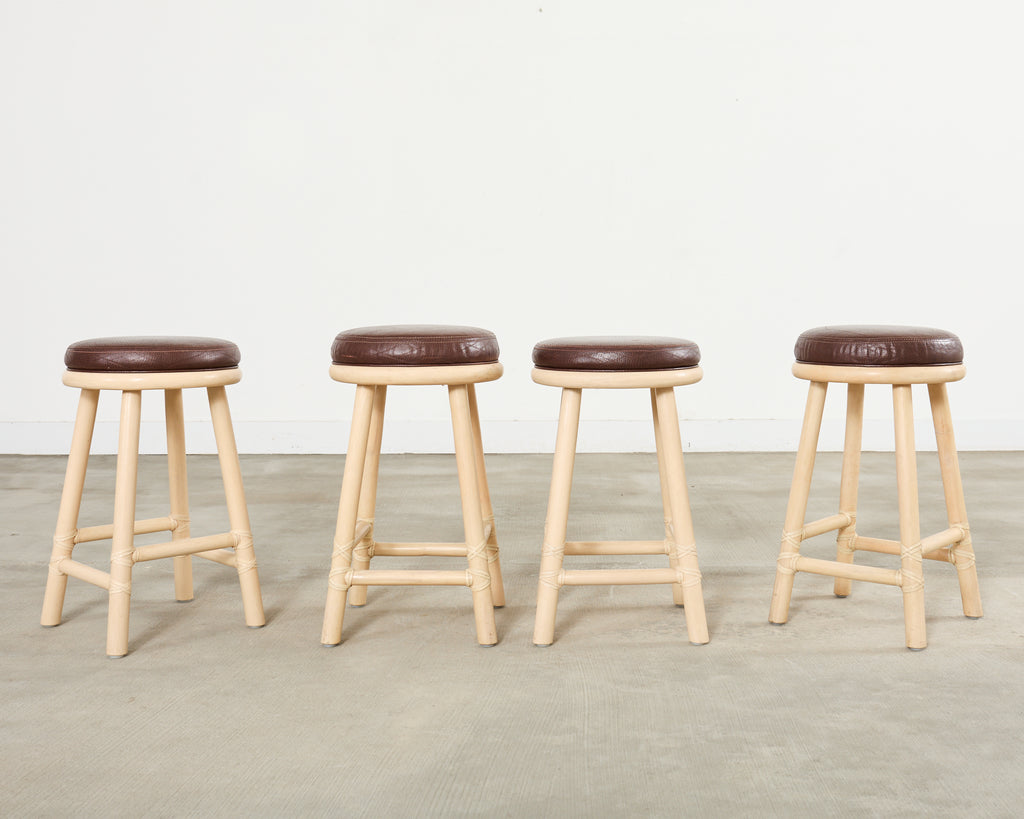 Set of Four McGuire Organic Modern Lacquered Rattan Bar Stools