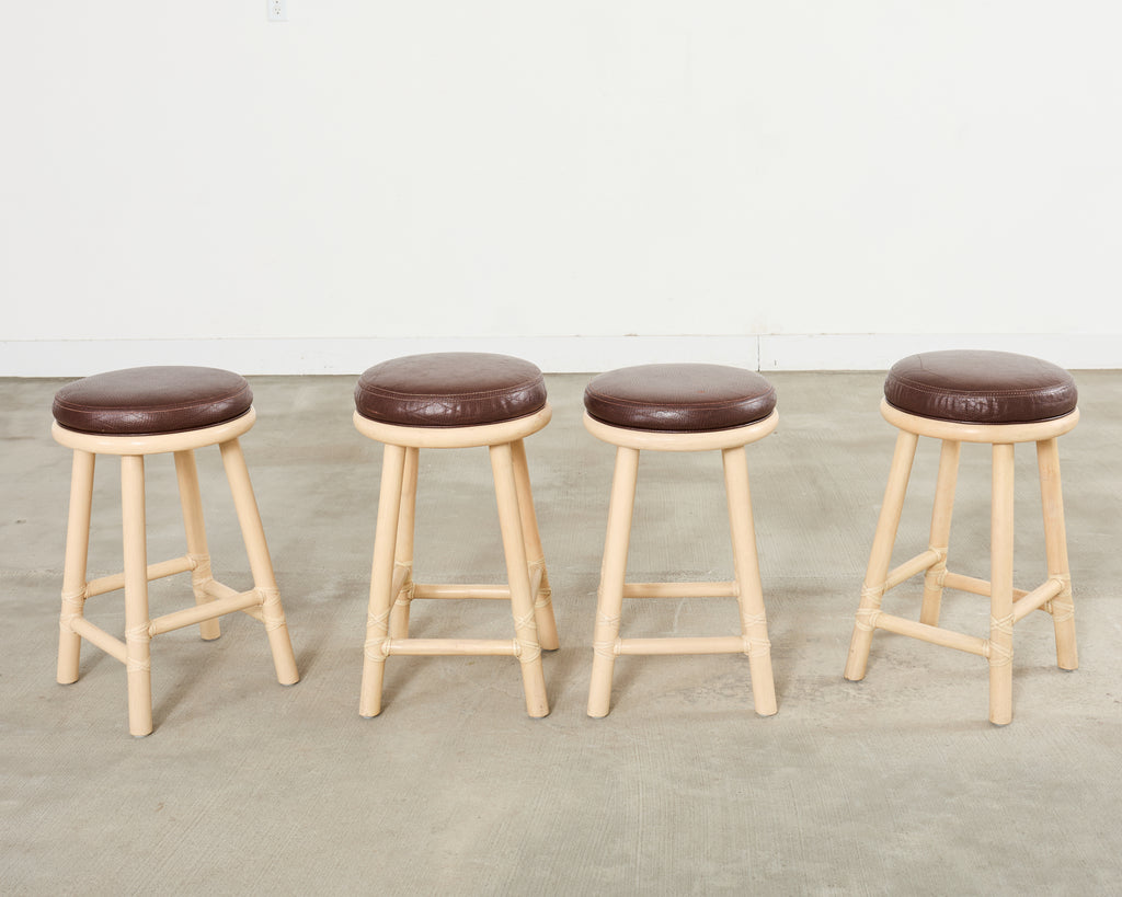 Set of Four McGuire Organic Modern Lacquered Rattan Bar Stools