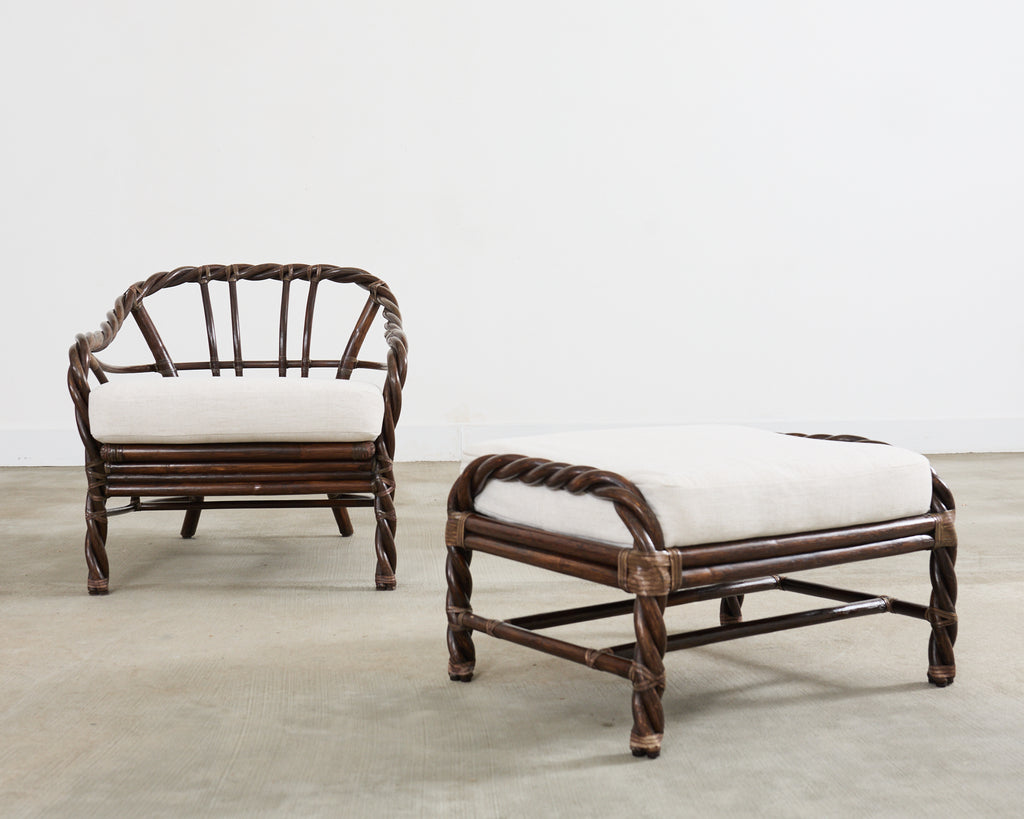 McGuire Organic Modern Twisted Rattan Lounge Chair and Ottoman