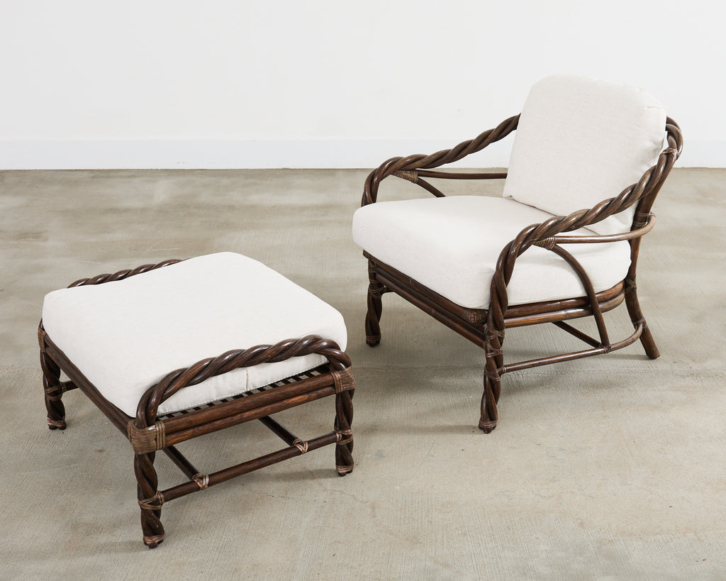 McGuire Organic Modern Twisted Rattan Lounge Chair and Ottoman