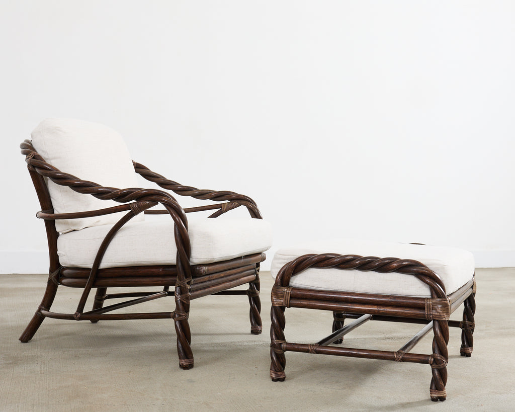 McGuire Organic Modern Twisted Rattan Lounge Chair and Ottoman