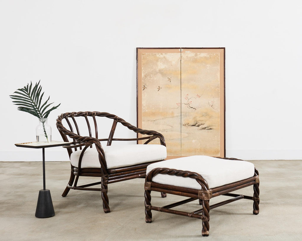 McGuire Organic Modern Twisted Rattan Lounge Chair and Ottoman