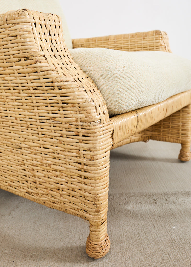 Pair of McGuire Wicker Rattan Lounge Chairs and Ottoman