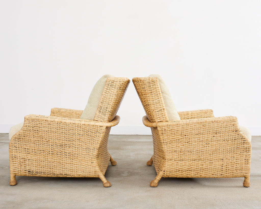 Pair of McGuire Wicker Rattan Lounge Chairs and Ottoman