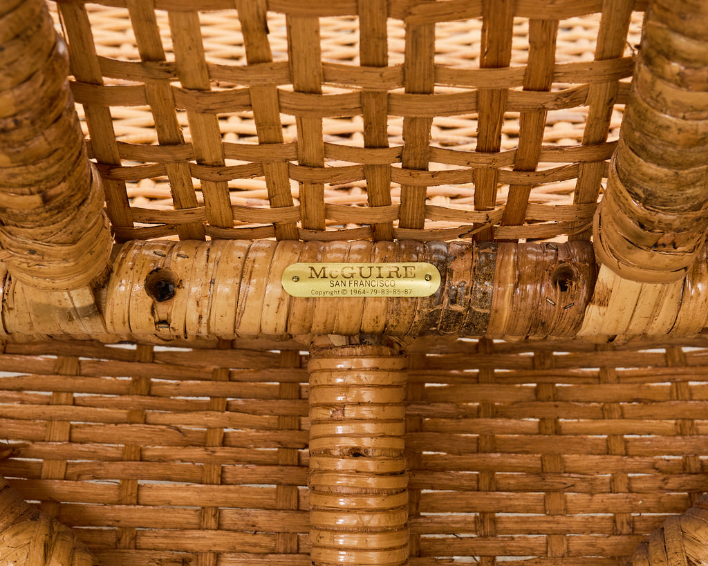 Pair of McGuire Wicker Rattan Lounge Chairs and Ottoman