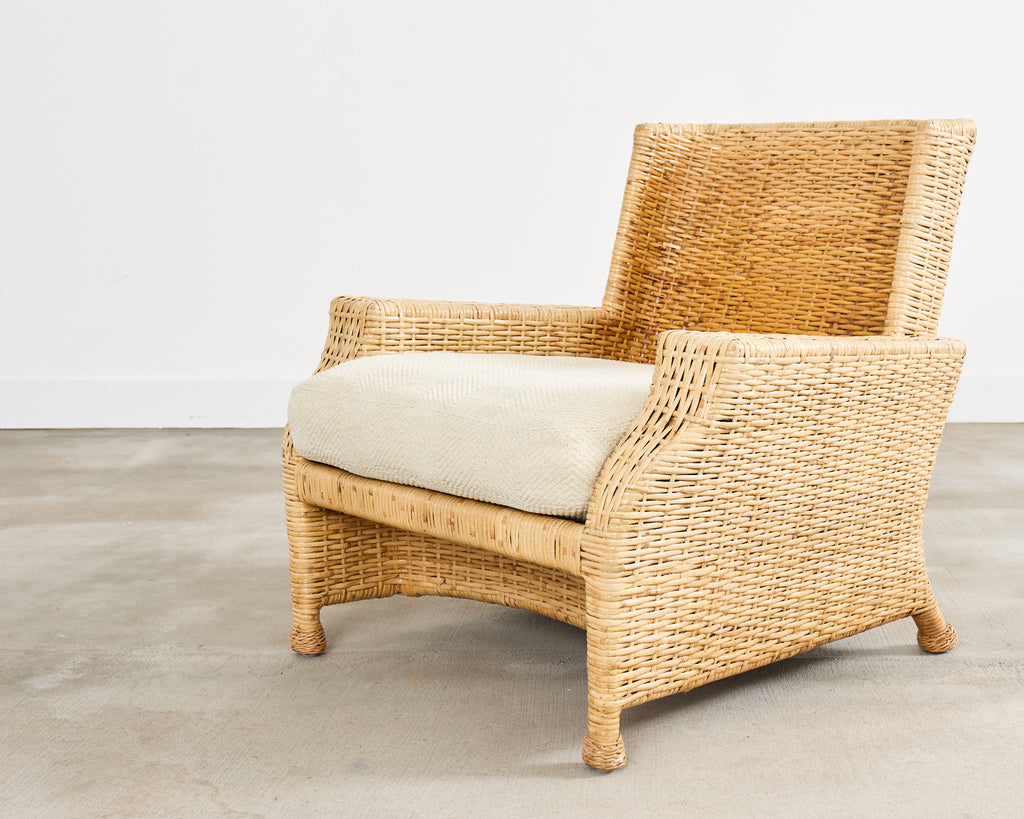 Pair of McGuire Wicker Rattan Lounge Chairs and Ottoman