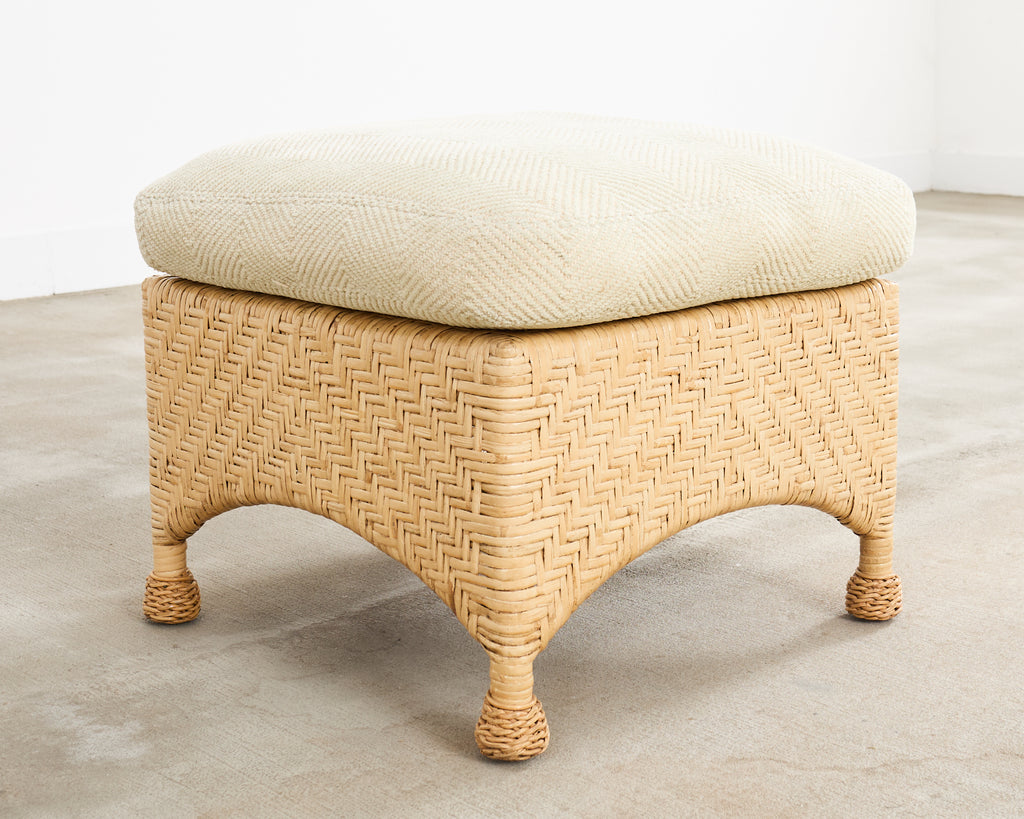 Pair of McGuire Wicker Rattan Lounge Chairs and Ottoman