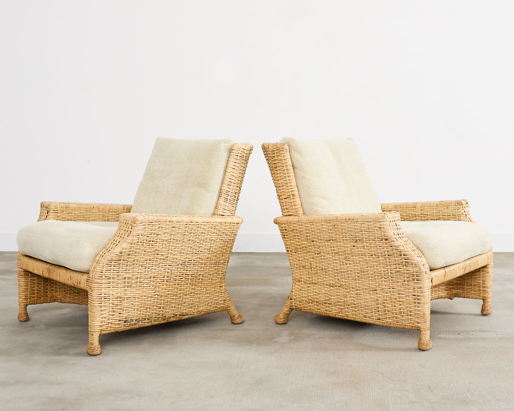 Pair of McGuire Wicker Rattan Lounge Chairs and Ottoman