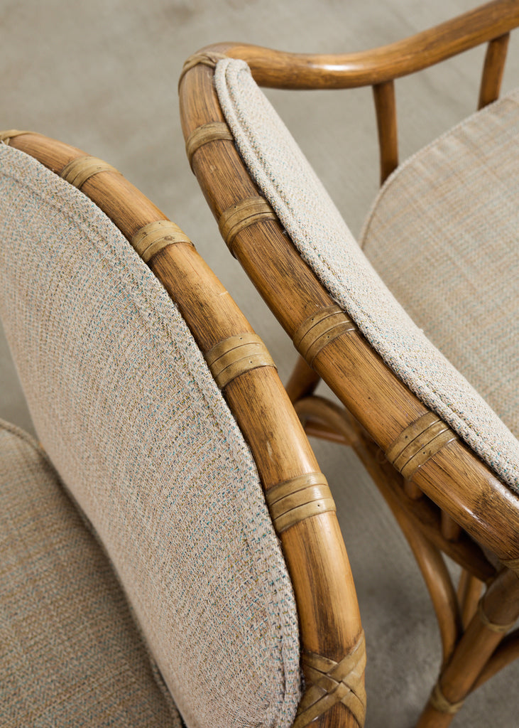 Pair of McGuire Organic Modern Rattan Armchairs and Ottomans