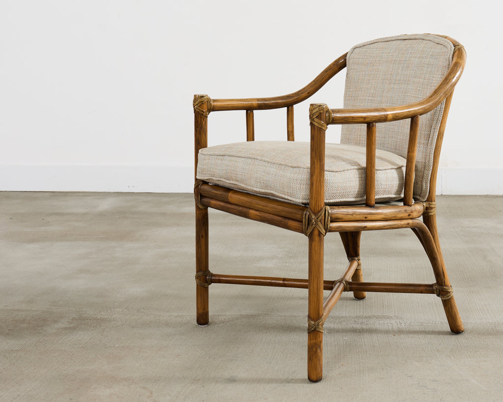 Pair of McGuire Organic Modern Rattan Armchairs and Ottomans